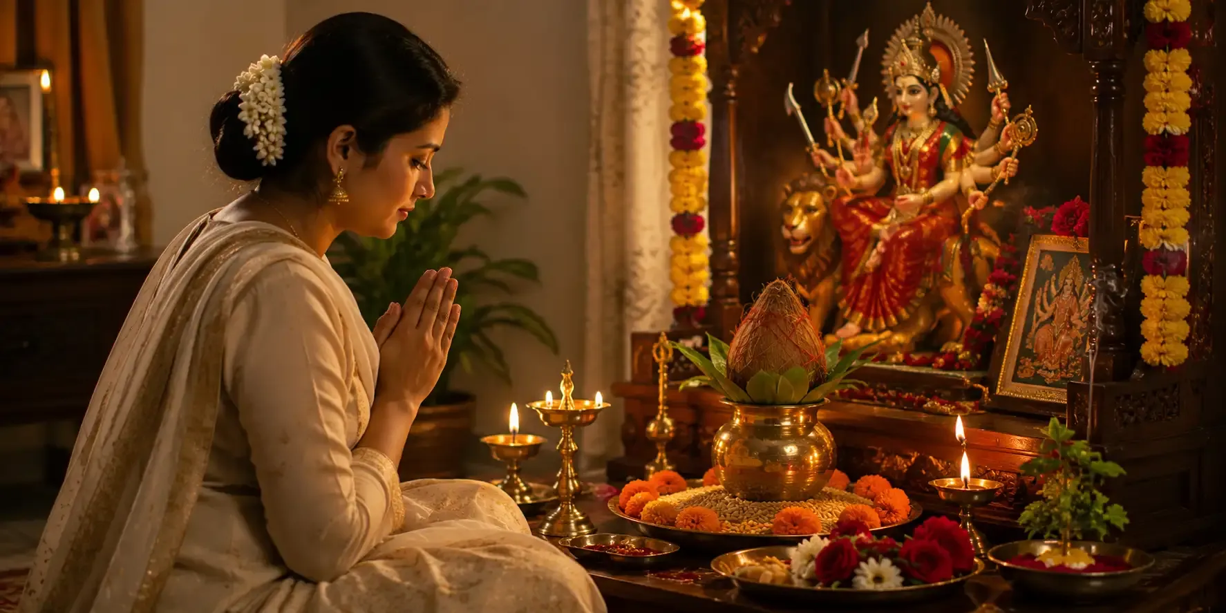 Women worshipping to Goddess Durga in secrecy with a kalash placed in front of the Maa Durga idol