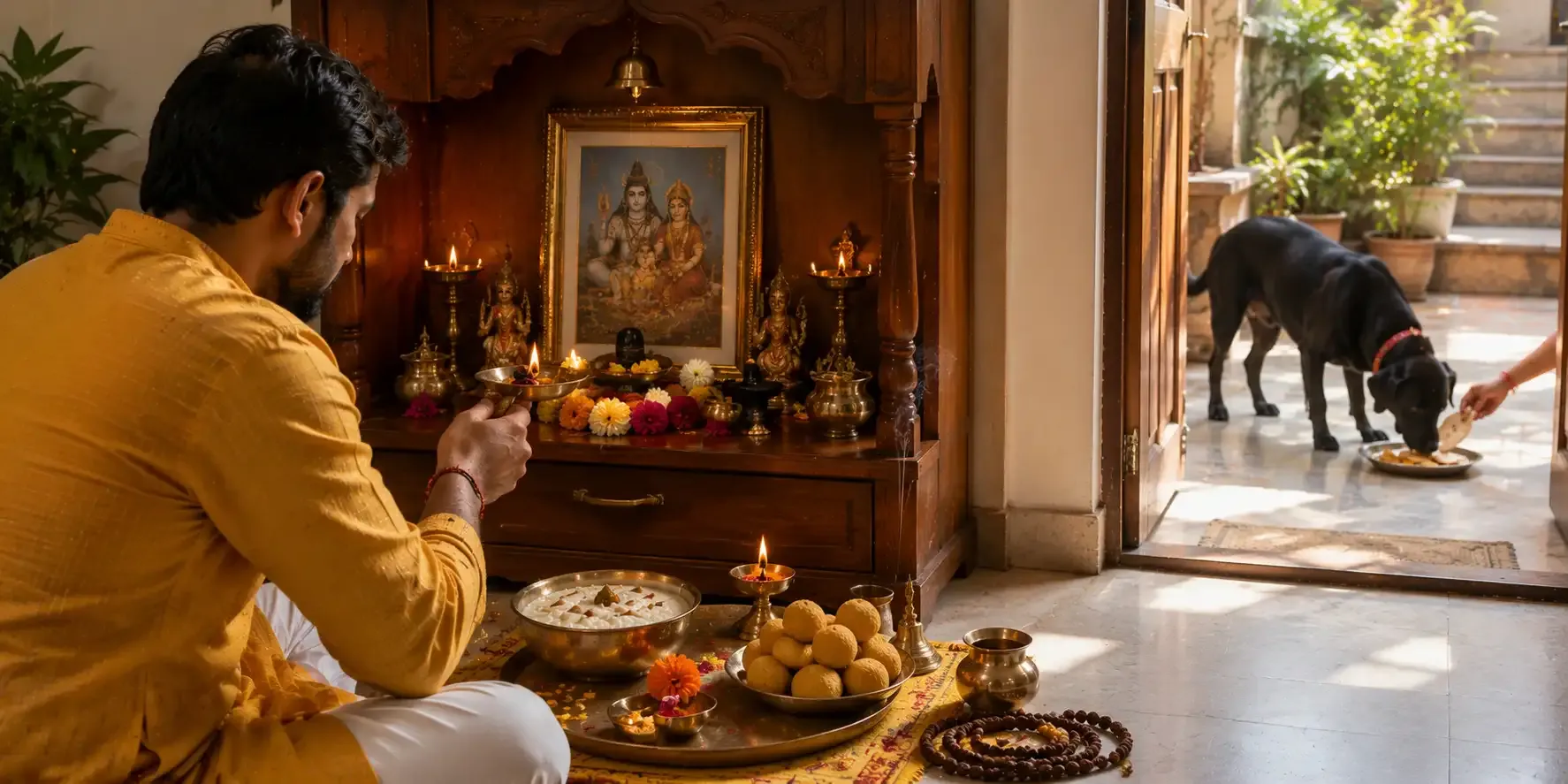 Male Devotee worshipping Lord Shiva on the occasion of Batuk Bhairav Jayanti. His wife is feeding a black dog in the balcony