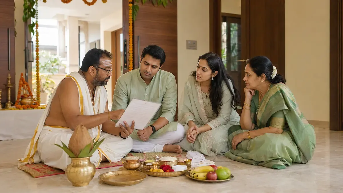 Family reviewing Griha Pravesh Puja arrangements with a pandit
