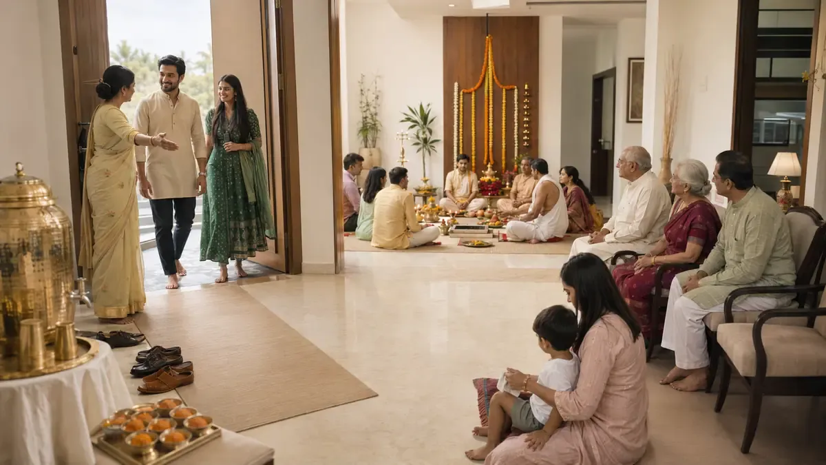 Organised guest seating during a peaceful Griha Pravesh Puja at home