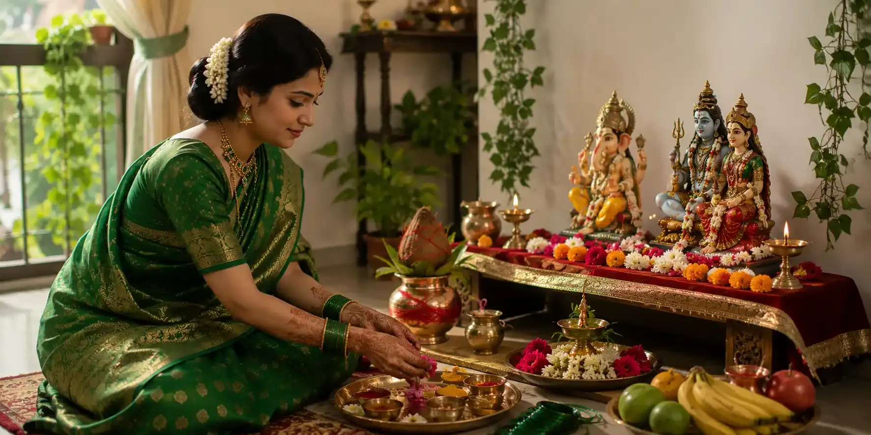 Women setting up the Pooja thali and altar before starting the celebration of Hariyali Teej