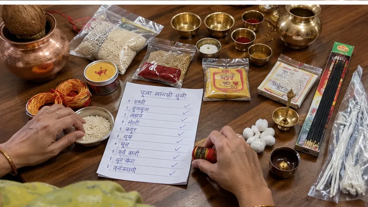 Puja kit and puja samagri being checked before a home ceremony