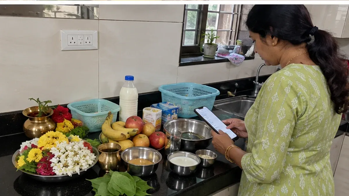 Fresh flowers, fruits, milk and household vessels arranged separately for a home puja