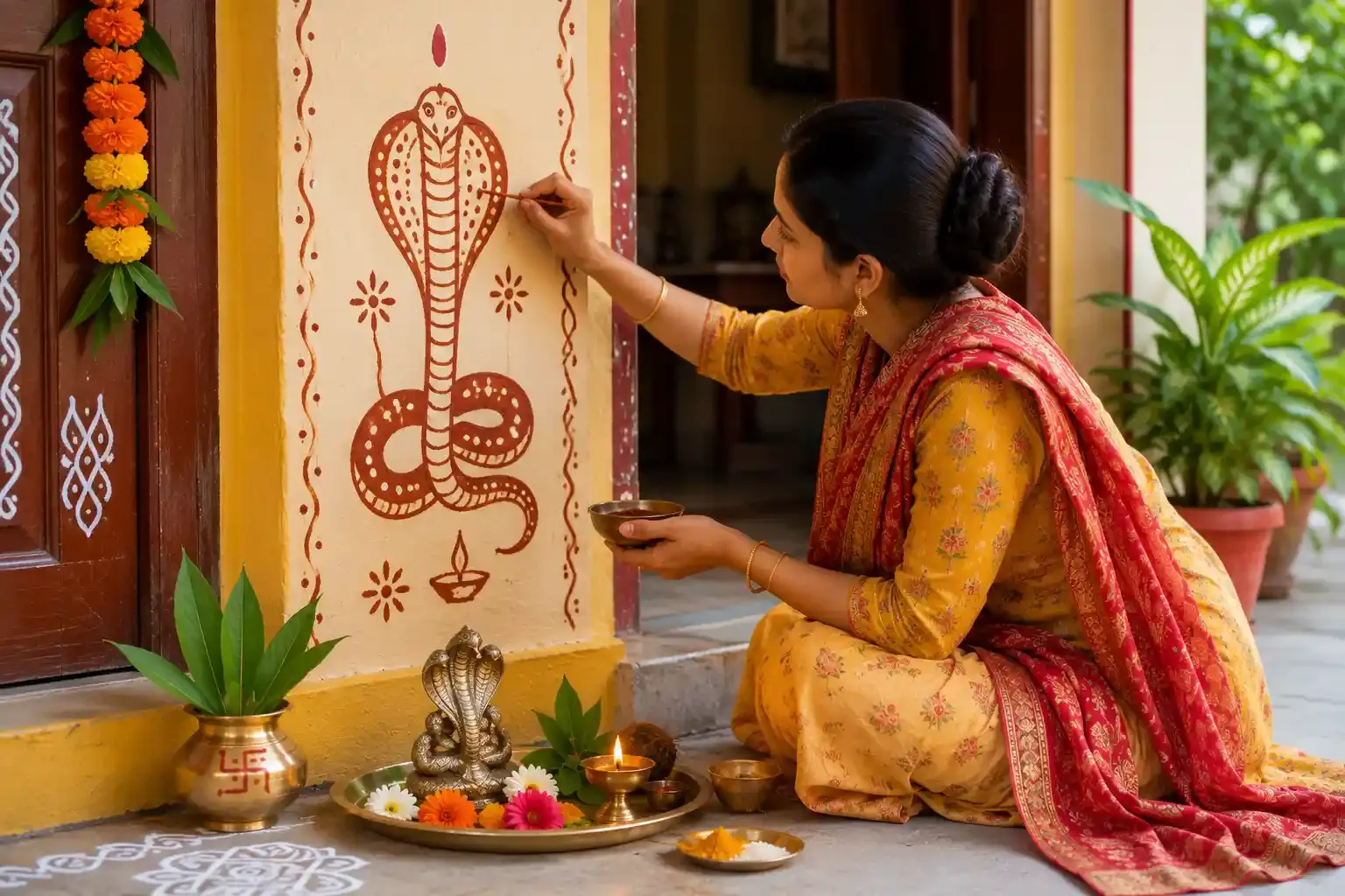 Women drawing a picture of a snake on the wall with red sandalwood on the occasion of Nag Panchami