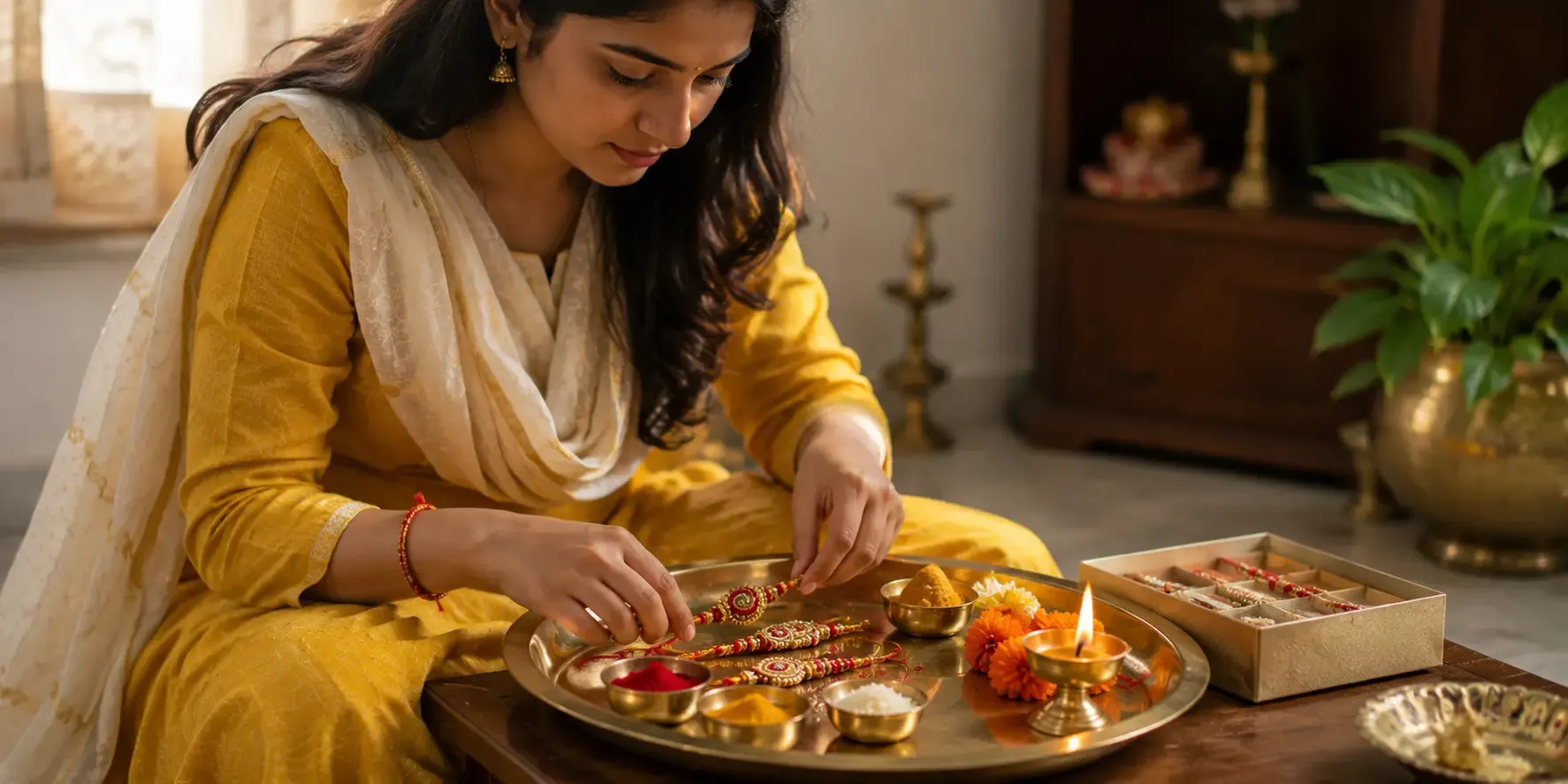 Sister preparing thali for Raksha Bandhan festival