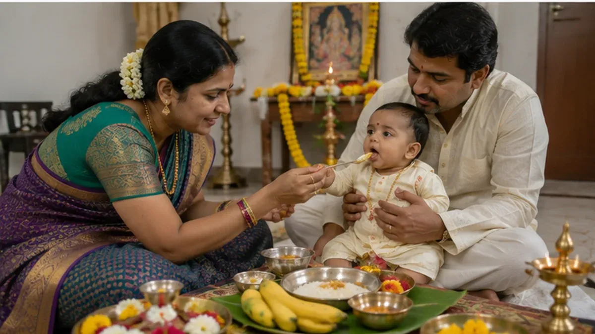 Baby receiving a ceremonial first feeding during an Annaprashan ceremony.