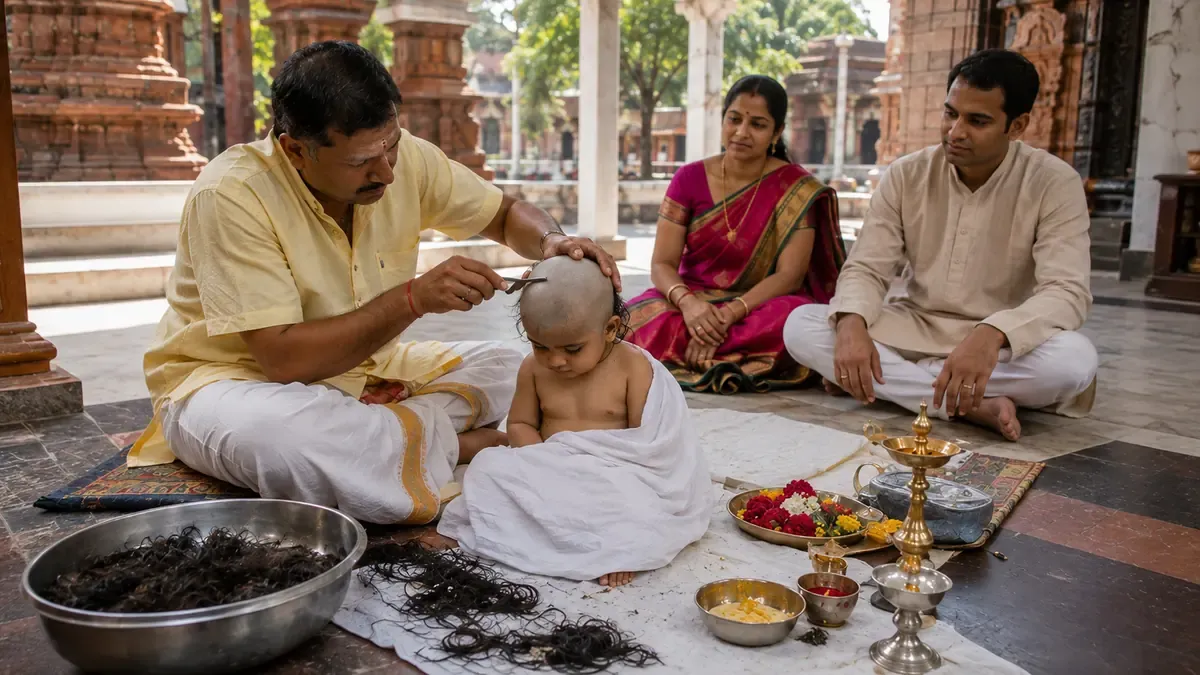 Traditional Mundan ceremony with a child's hair being carefully shaved.