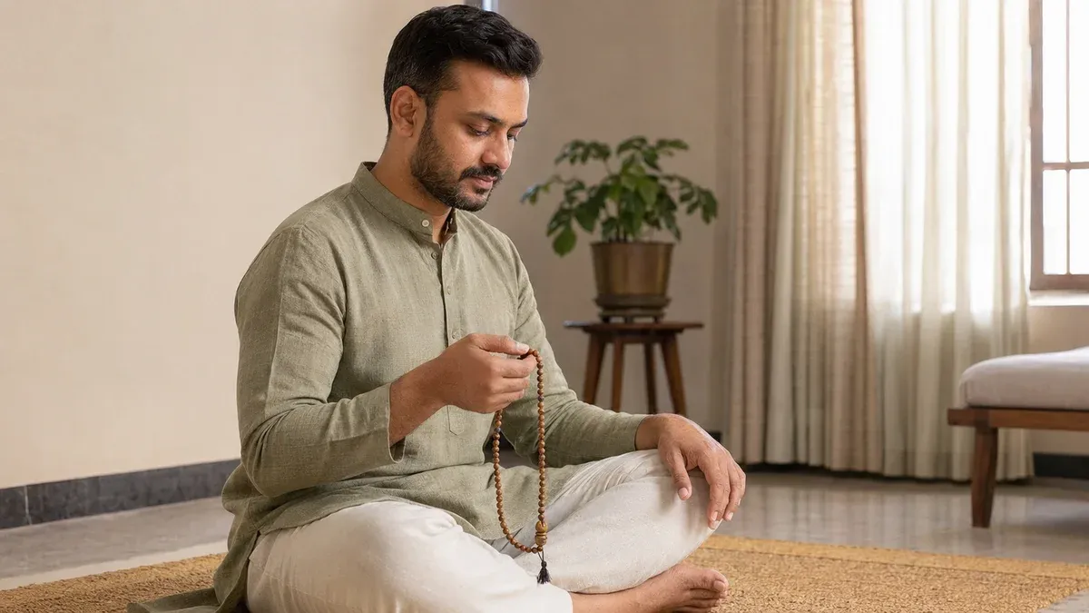 Practitioner holding a japa mala during a counted mantra round