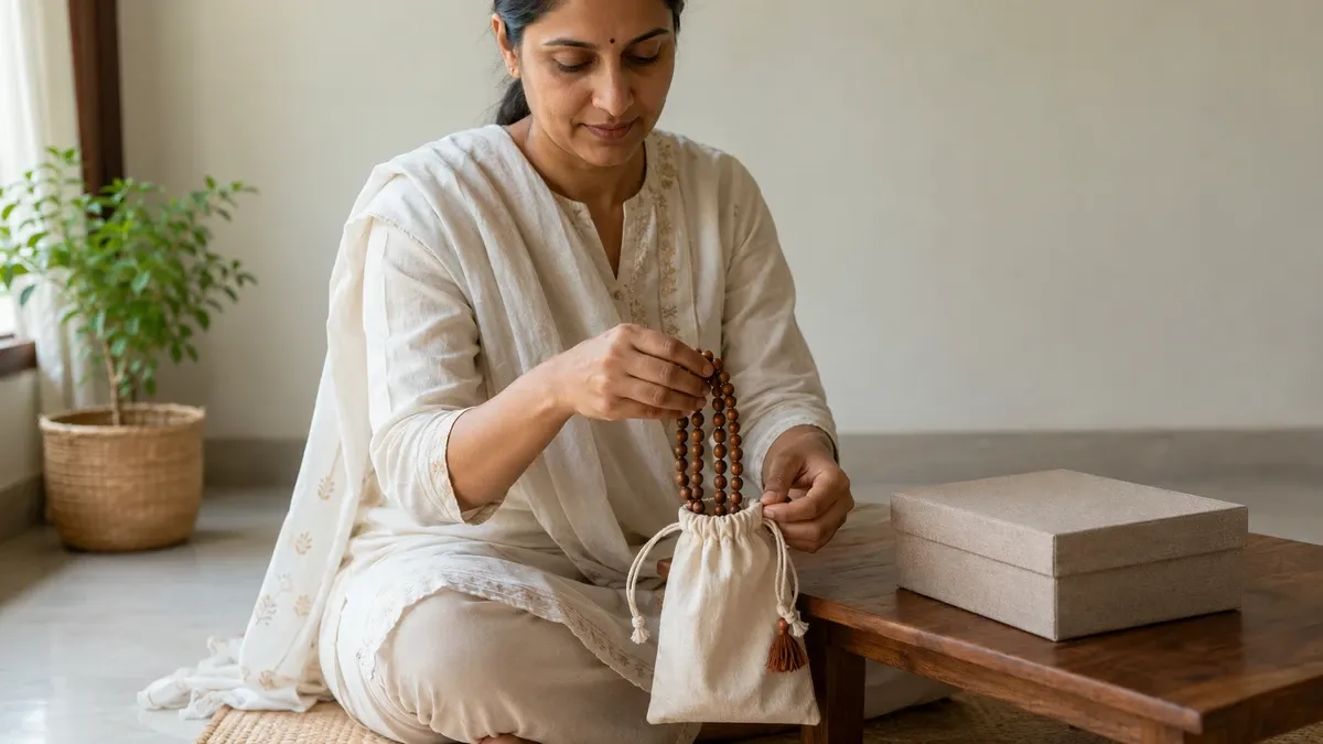 Careful storage of a wooden japa mala in a clean cloth pouch