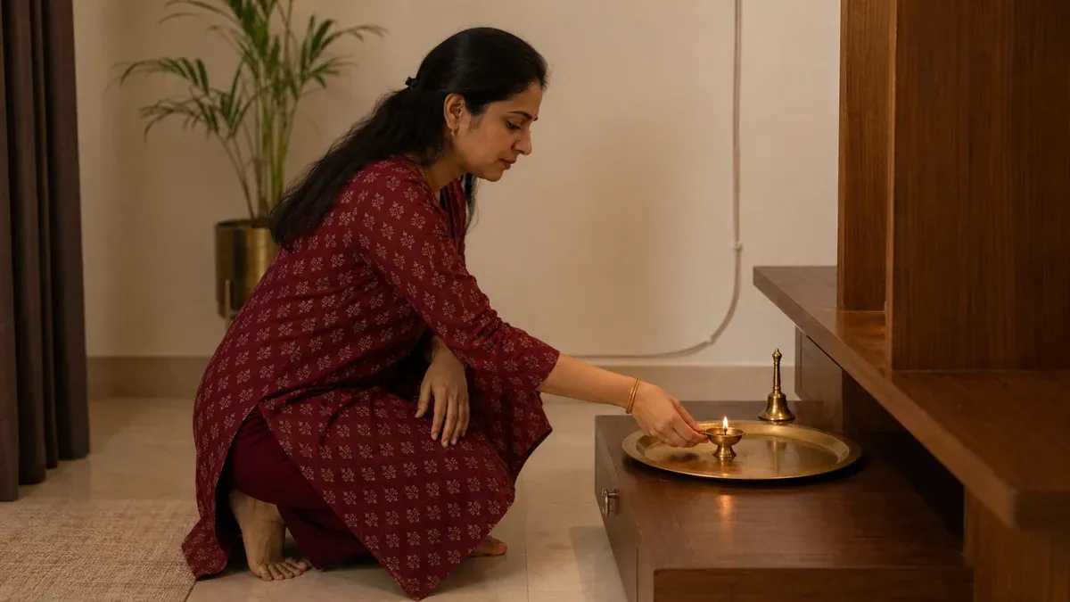 Woman placing a lit diya safely on a broad heat-resistant brass tray.