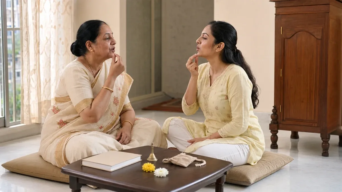 Family elder guiding a beginner through the correct pronunciation of a mantra.