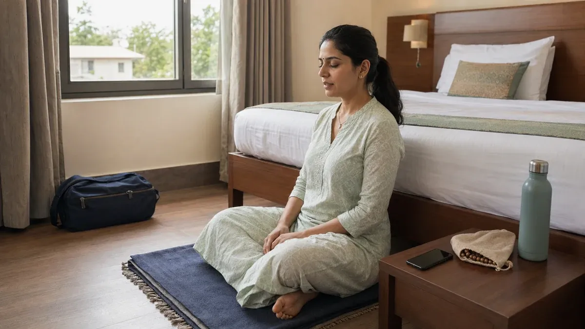 Short mantra jaap routine with a mala pouch and offline reference during travel.
