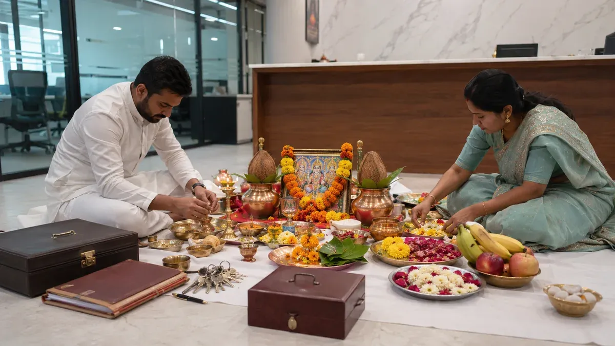 Puja samagri and business-related items arranged for an office inauguration ceremony.