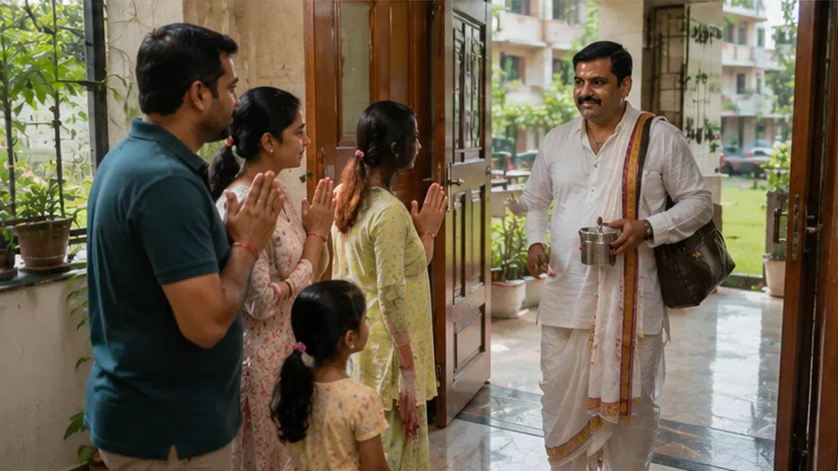 Pandit arriving at a Noida home for a same-day puja booking.