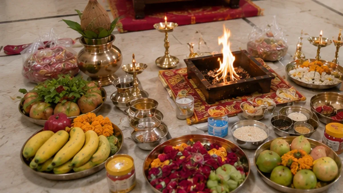 Puja samagri, fruits, flowers and havan materials arranged for a same-day home puja.